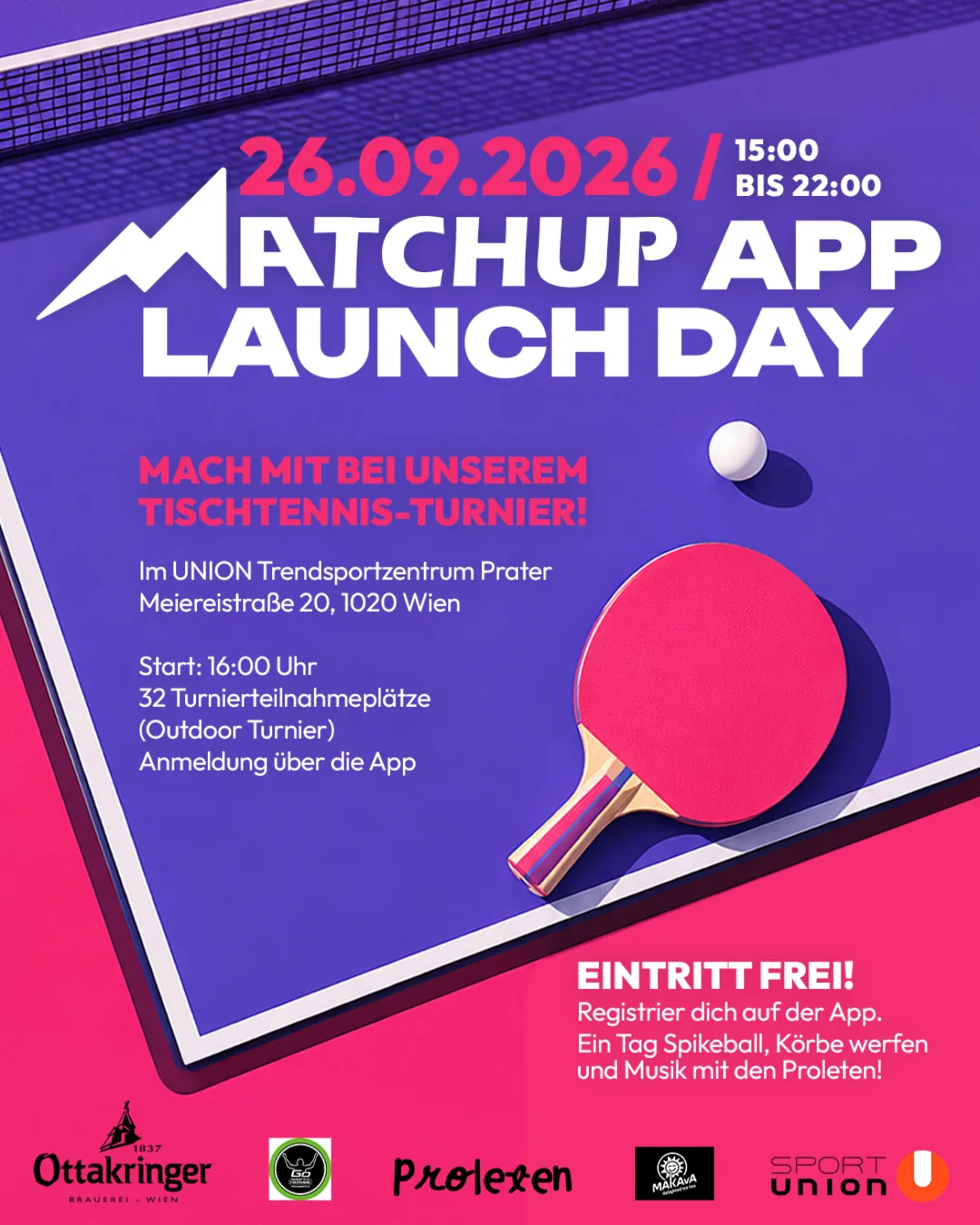 Originalflyer zum MatchUp App Launch Day am 26. September 2026 mit Tischtennisschläger auf violetter Platte. Alle Eventinfos stehen neben dem Flyer.